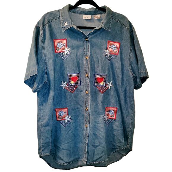 Vintage Denim Patriotic Embroidered Short Sleeve Button Up Shirt M CottageCore - Picture 1 of 6